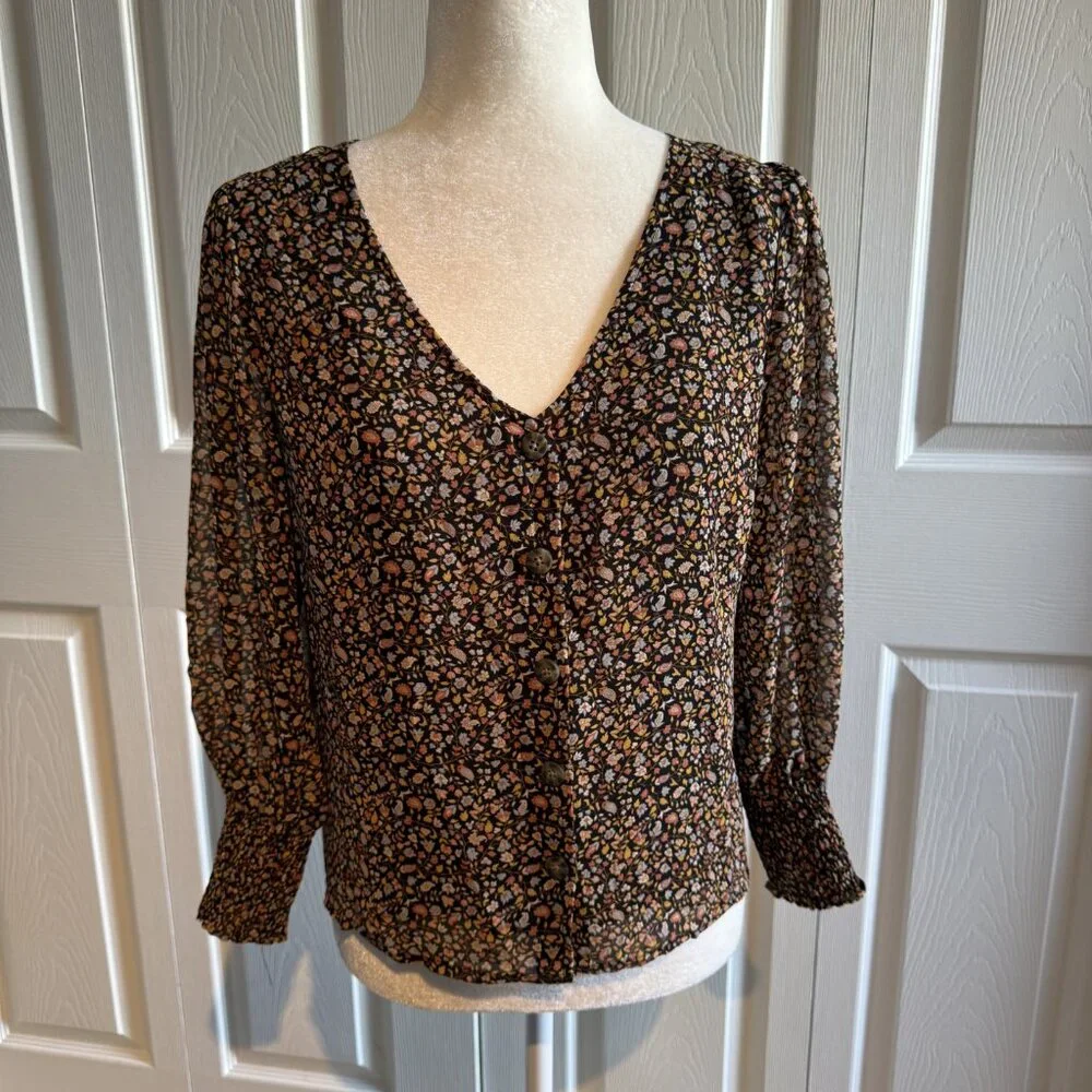 MADEWELL Georgette Smocked-Cuff Button-Front Shirt in Folktale Paisley Size 0